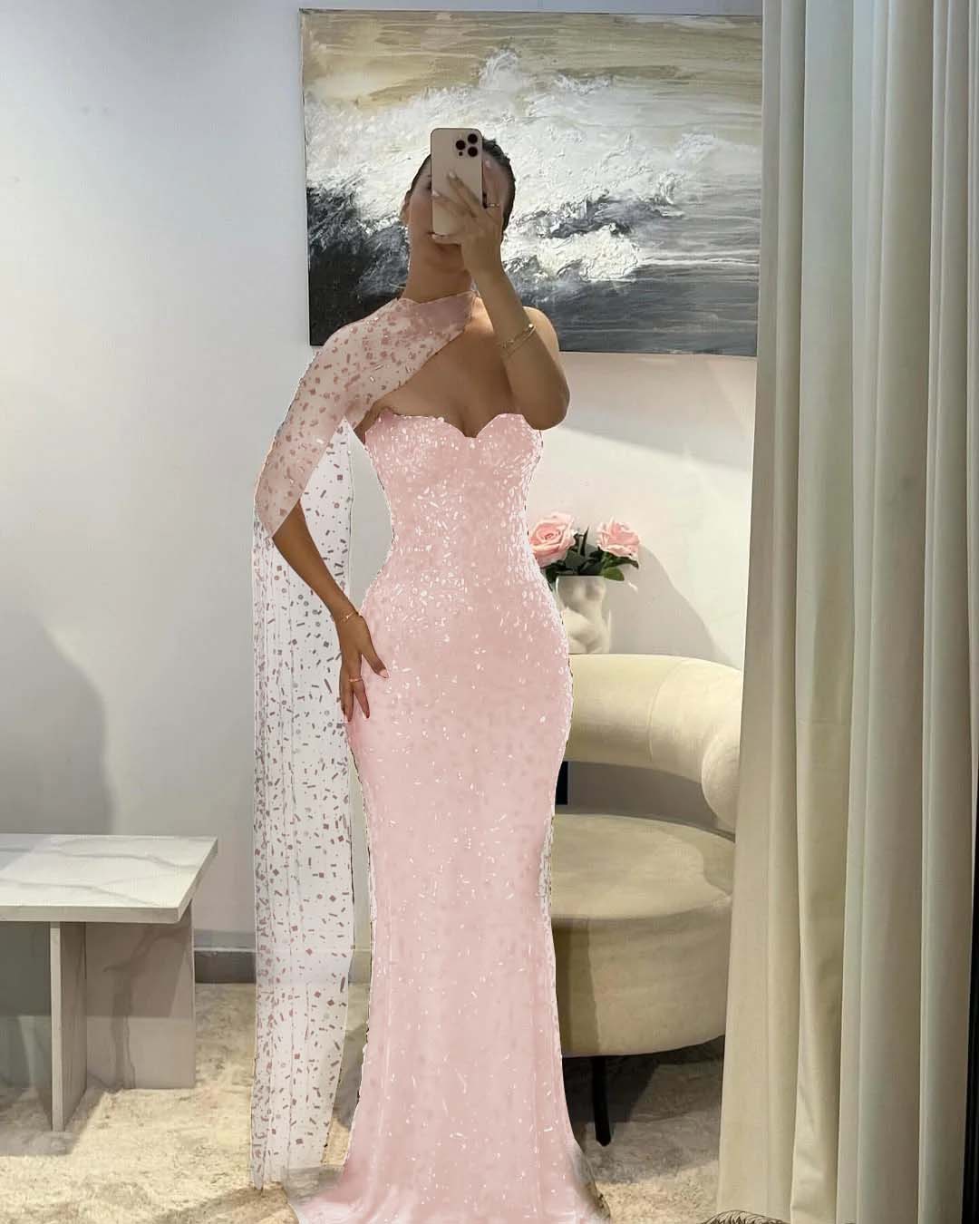 Tulle V-Neck Strapless Sleeveless Long Mermaid Prom Dress With Sequins And Ruffles