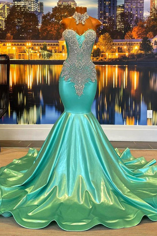 Chic Sleeveless High Neck Mermaid Jade Prom Dress Beaded With Appliques