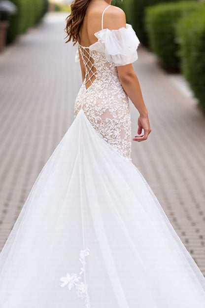 Off-the-Shoulder Tulle Sleeves Mermaid Wedding Dress With Lace Appliques Strings Back