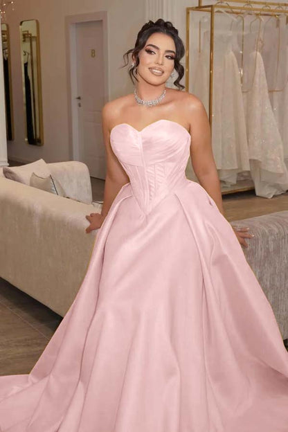 Satin Sweetheart Strapless Sleeveless Long Pleated Mermaid Prom Dress With Corset