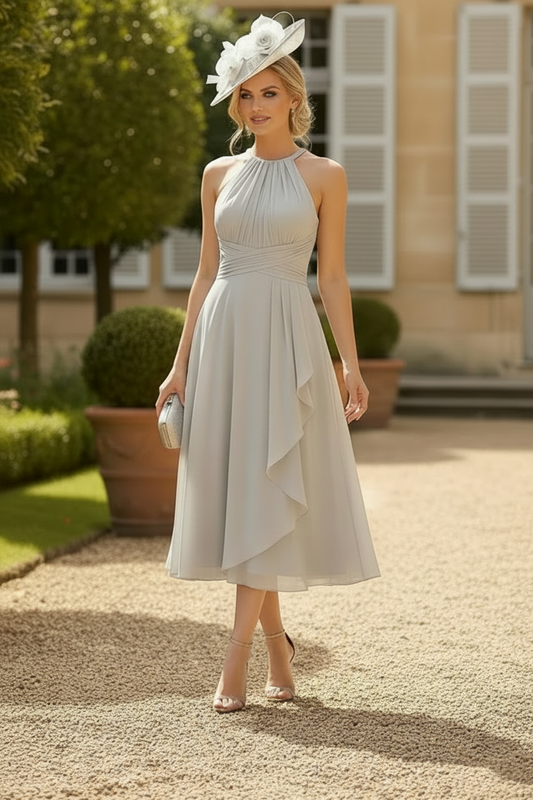 A-Line High Neck Sleeveless Ankle-Length Chiffon Mother Of The Bride Dresses With Pleated Sweeping Side