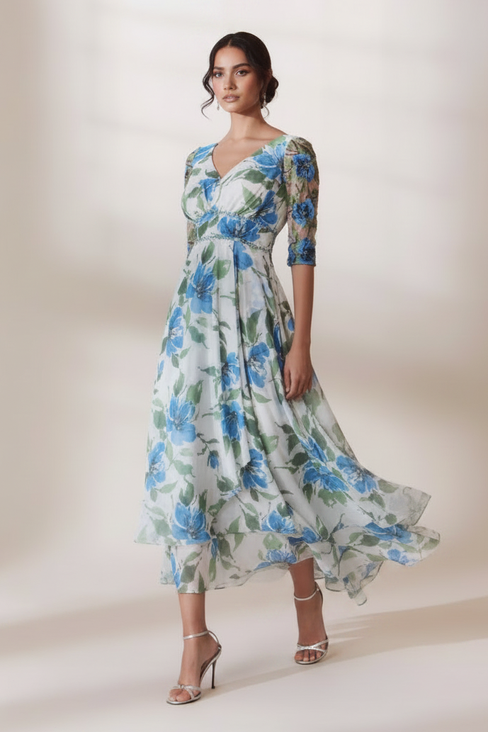 V-Neck Half Sleeve Flowers Floral Print A-Line Mother of the Bride Dress