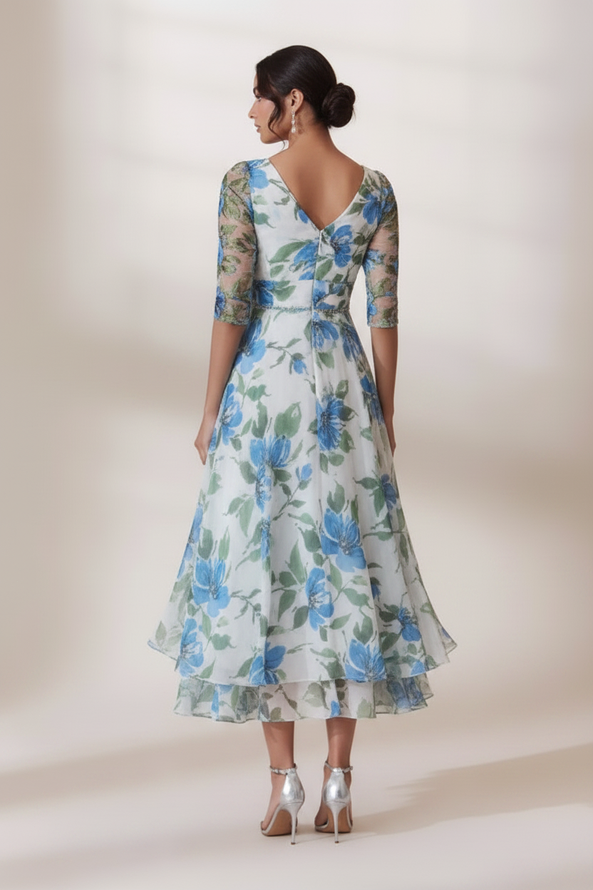 V-Neck Half Sleeve Flowers Floral Print A-Line Mother of the Bride Dress