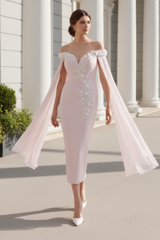 Pink Off the Shoulder Applique Shawl Mermaid Mother of the Bride Dress
