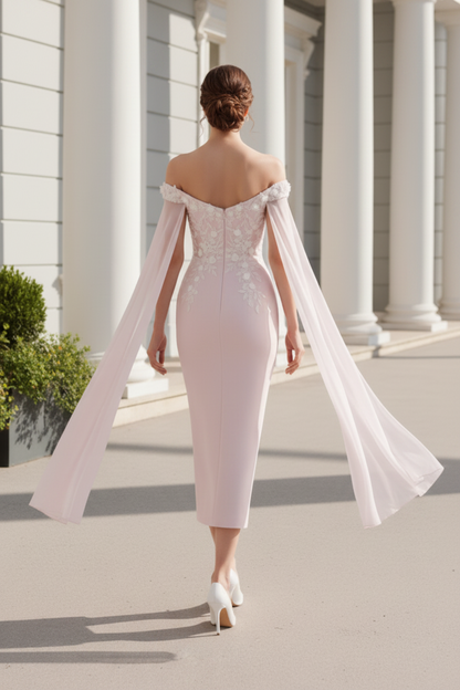 Pink Off the Shoulder Applique Shawl Mermaid Mother of the Bride Dress