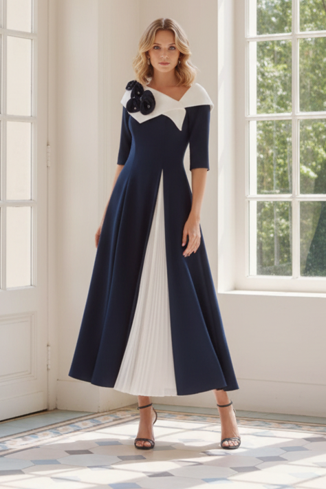 A-Line 3D Flowers Half Sleeve A-Line Mother of the Bride Dress