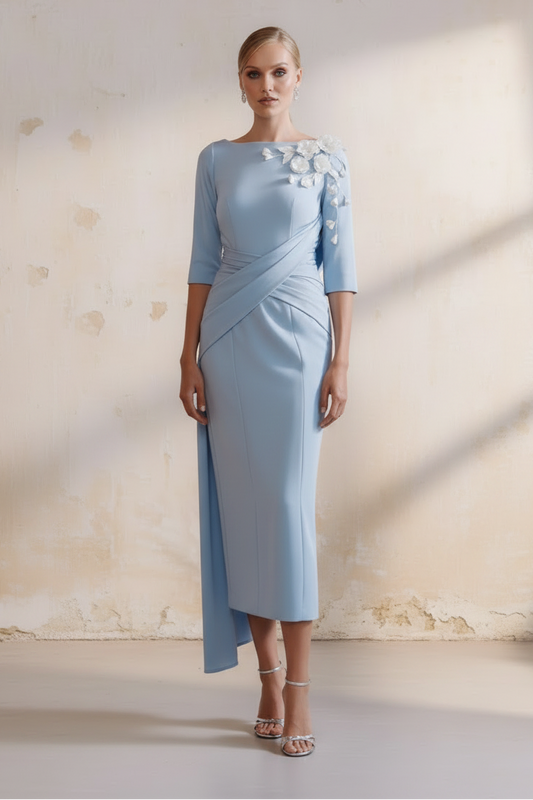 Blue Half Sleeve Flowers Applique Mermaid Mother of the Bride Dress