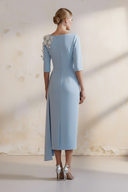 Blue Half Sleeve Flowers Applique Mermaid Mother of the Bride Dress