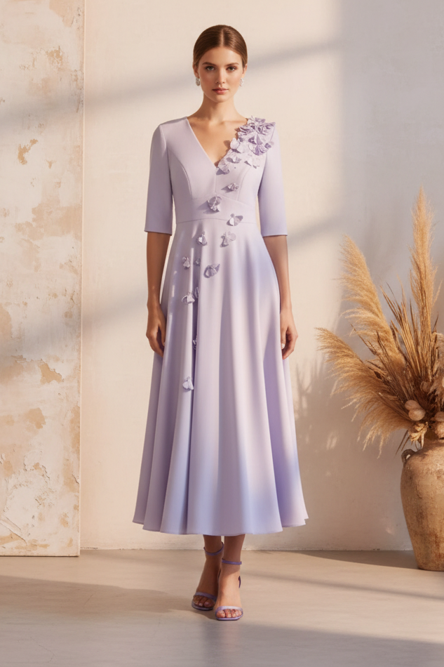V-Neck Half Sleeve Flowers A-Line Ankle-Length Mother of the Bride Dress