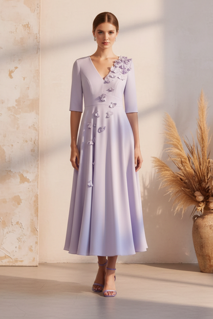 V-Neck Half Sleeve Flowers A-Line Ankle-Length Mother of the Bride Dress