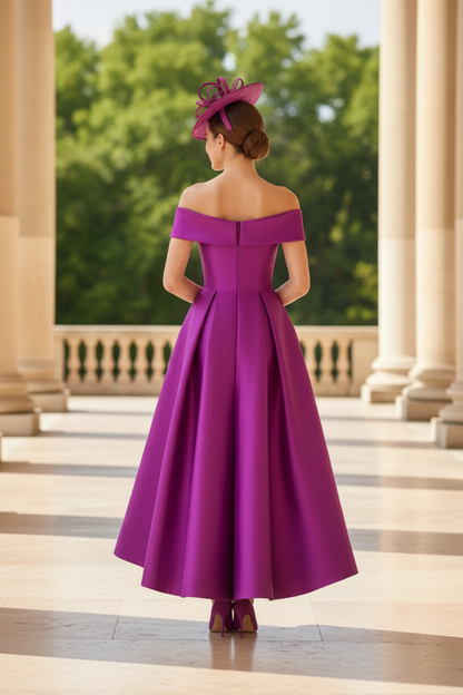 A-Line Off-The-Shoulder Sleeveless Tea-Length Satin Mother Of The Bride Dresses