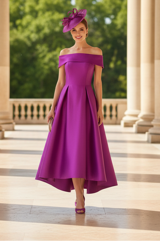 A-Line Off-The-Shoulder Sleeveless Tea-Length Satin Mother Of The Bride Dresses