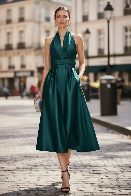 A-Line Halter Sleeveless Tea-Length Satin Mother Of The Bride Dresses With Pockets