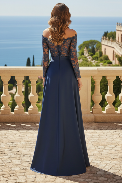 A-Line Off-The-Shoulder Long Sleeves Floor-Length Lace Satin Tulle Mother Of The Bride Dresses