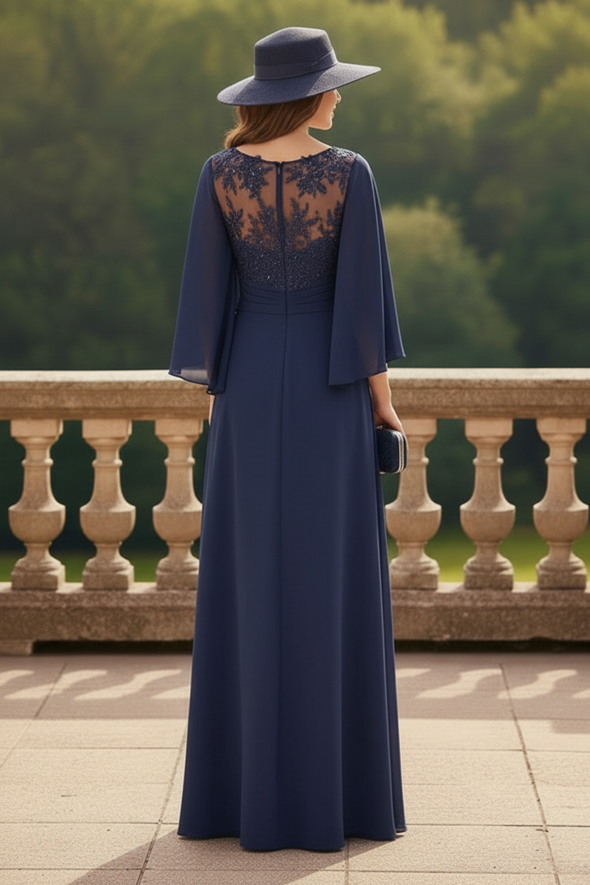 A-Line Scoop Neck Cape Sleeves Floor-Length Stretch Satin Mother Of The Bride Dresses With Appliques Lace