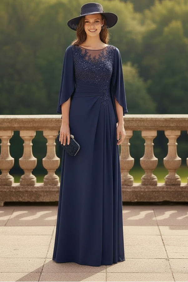 A-Line Scoop Neck Cape Sleeves Floor-Length Stretch Satin Mother Of The Bride Dresses With Appliques Lace