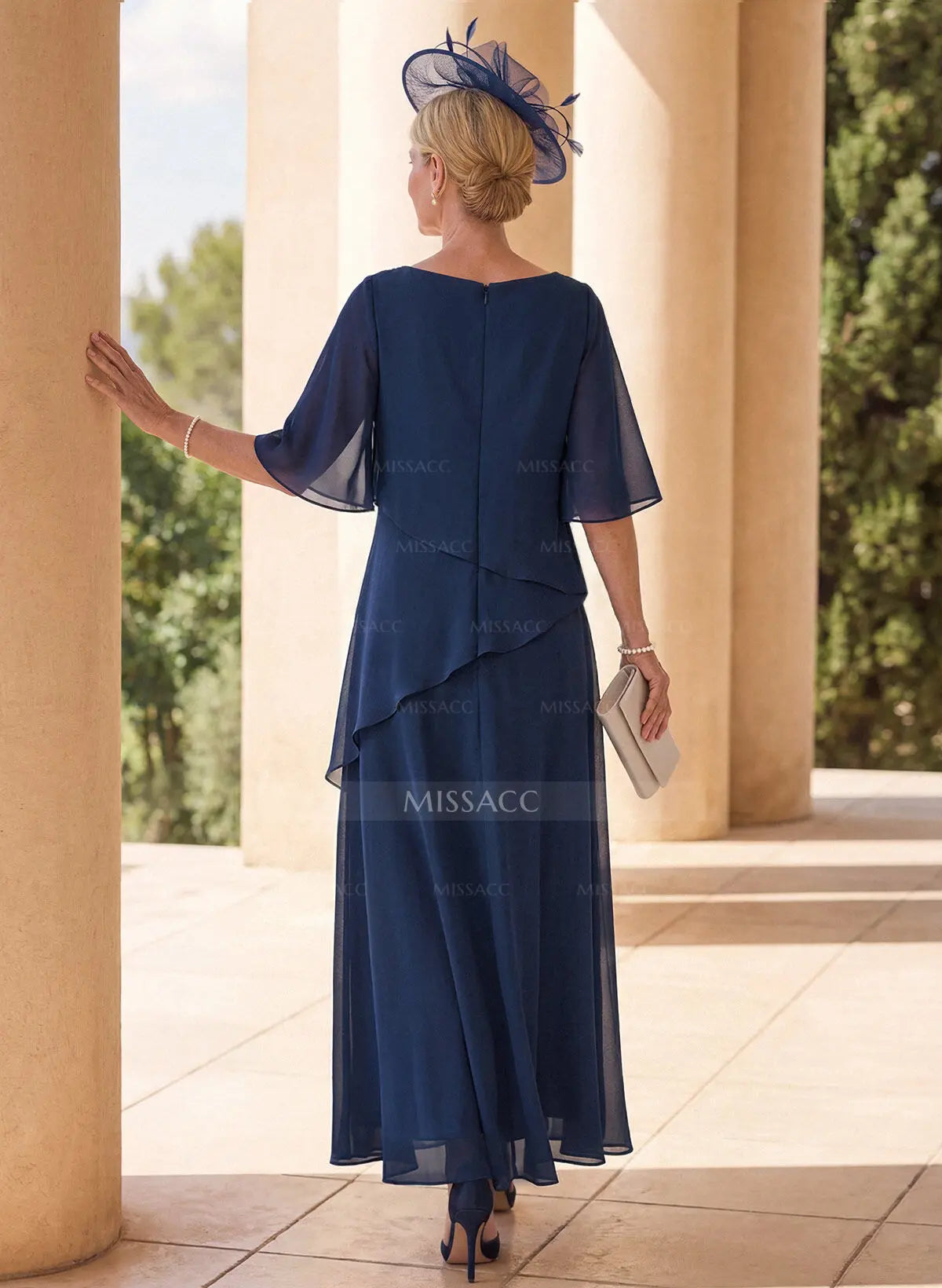 A-Line Scoop Neck 1/2 Sleeves Ankle-Length Chiffon Mother Of The Bride Dresses