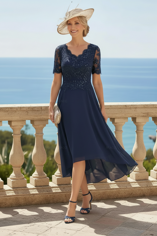 A-Line V-Neck Short Sleeves Asymmetrical Chiffon Mother Of The Bride Dresses With Lace