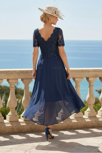 A-Line V-Neck Short Sleeves Asymmetrical Chiffon Mother Of The Bride Dresses With Lace