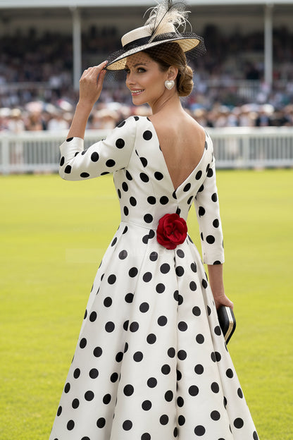 A-Line Scoop Neck 3/4 Sleeves Tea-Length Satin Mother Of The Bride Dresses With Flower
