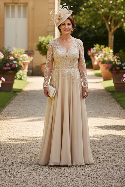 A-Line V-Neck Long Sleeves Floor-Length Chiffon Sequined Mother Of The Bride Dresses With Sequins