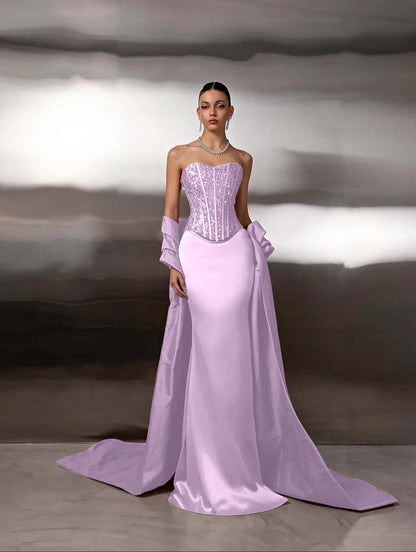 Satin Strapless Sleeveless Long Mermaid Prom Dress With Ruffles And Sequins