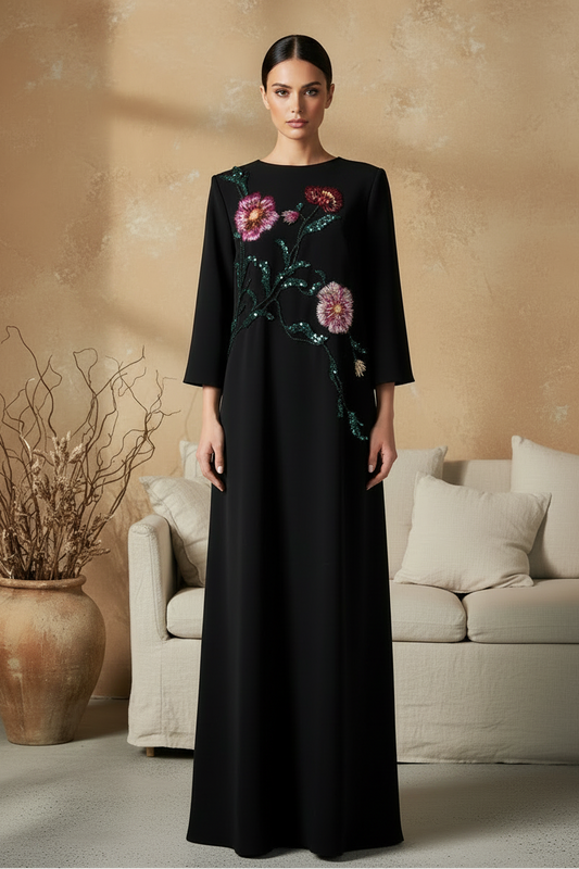 Black Applique 3/4 Sleeve A-Line Mother of the Bride Dress