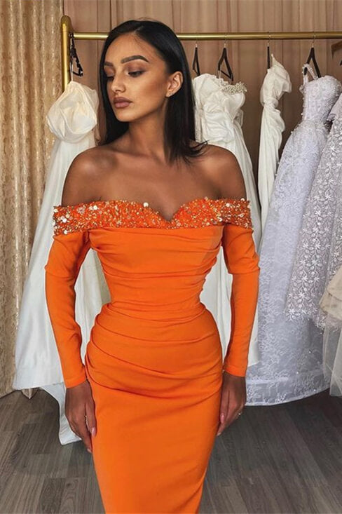 Chic Orange Off the Shoulder Long Sleeves Strapless Prom Dress With Sequins