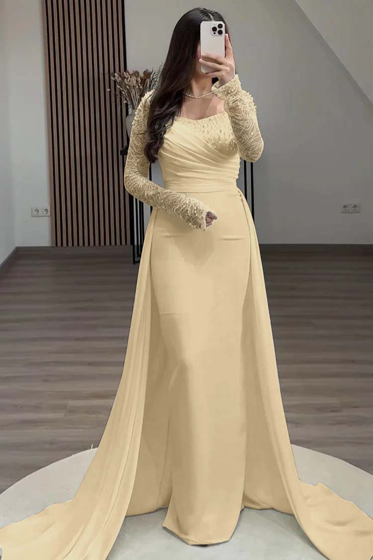 Square Neck Long Sleeves High Waist Long Pleated Mermaid Prom Dress With Beadings And Ruffles