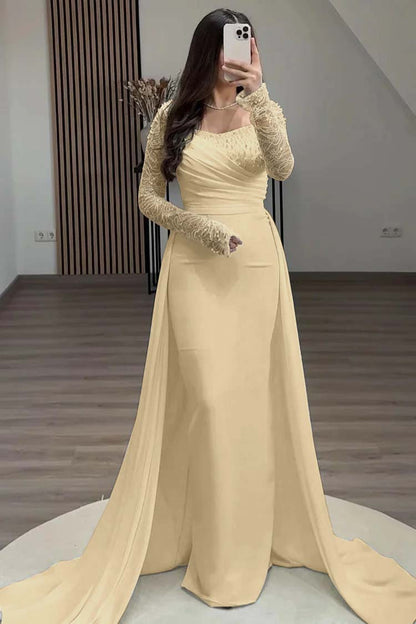 Square Neck Long Sleeves High Waist Long Pleated Mermaid Prom Dress With Beadings And Ruffles