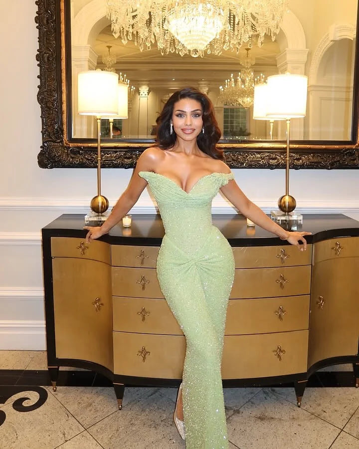 Sparkling Sage One Shoulder Beaded Sleeveless Pleated Prom Dress YK0690