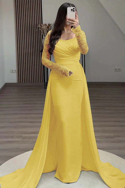 Square Neck Long Sleeves High Waist Long Pleated Mermaid Prom Dress With Beadings And Ruffles