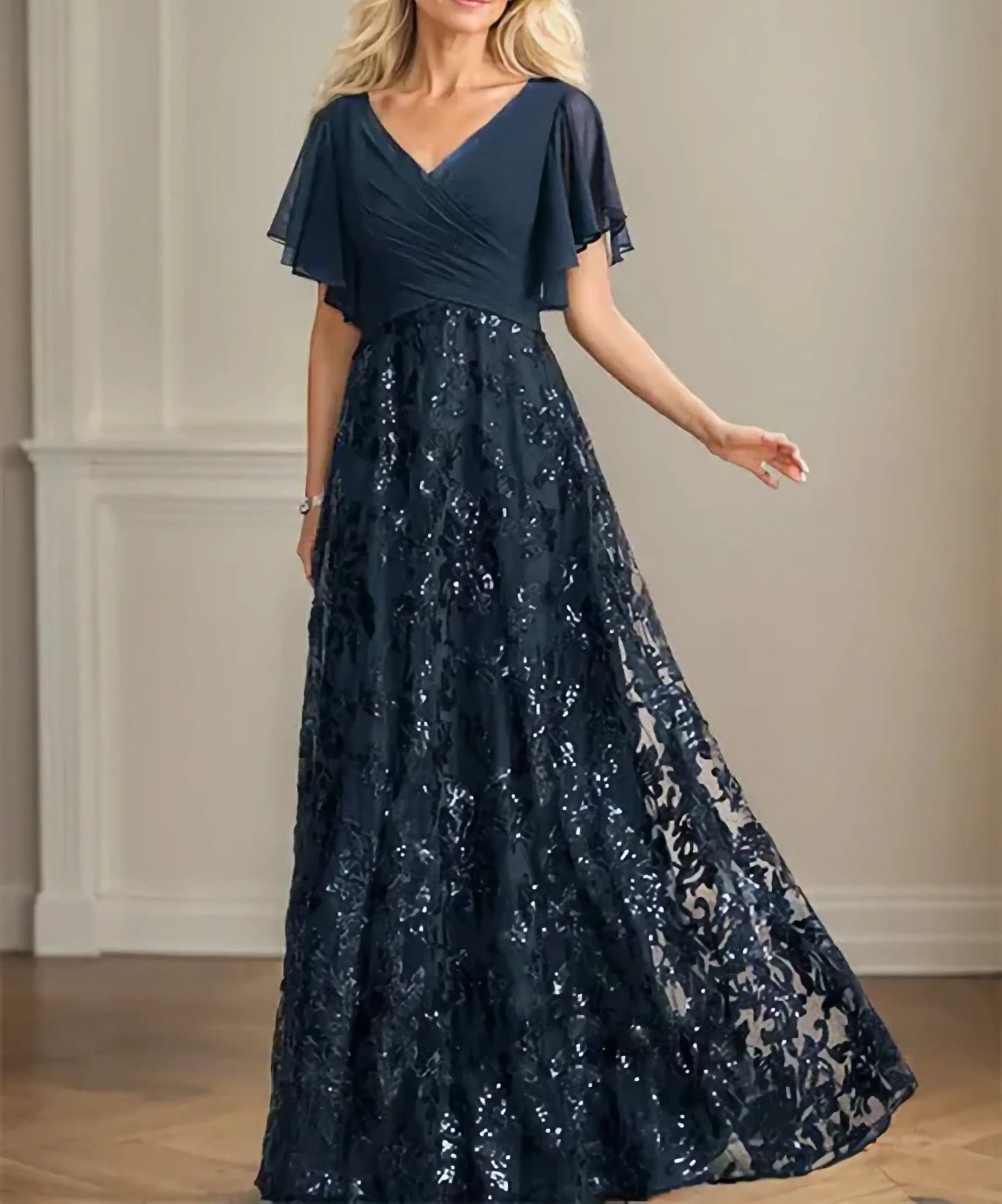 A-line V-Neck Floor-Length Lace Sequin Chiffon Mother of the Bride Dress With Pleated