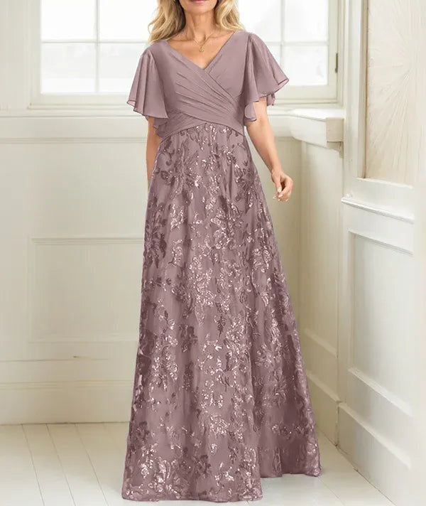 A-line V-Neck Floor-Length Lace Sequin Chiffon Mother of the Bride Dress With Pleated