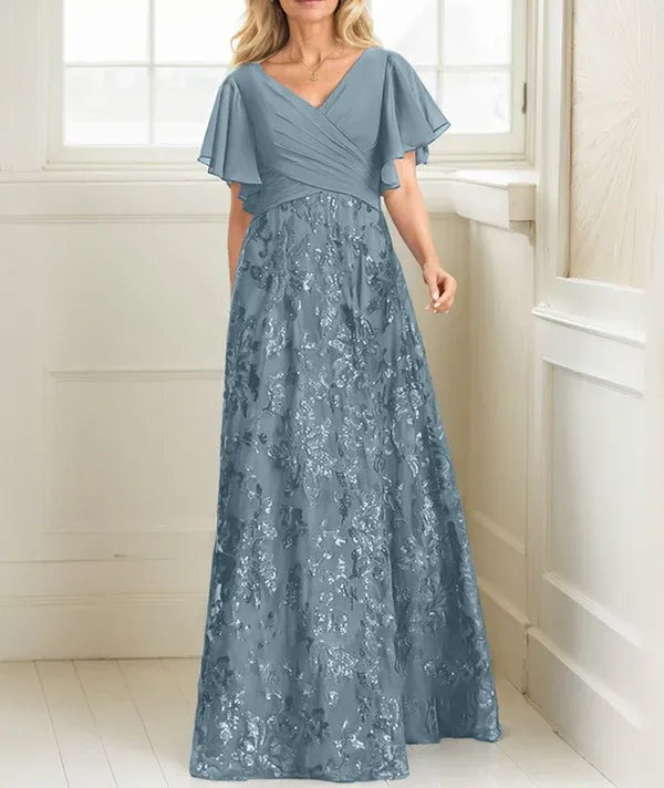 A-line V-Neck Floor-Length Lace Sequin Chiffon Mother of the Bride Dress With Pleated