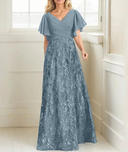A-line V-Neck Floor-Length Lace Sequin Chiffon Mother of the Bride Dress With Pleated