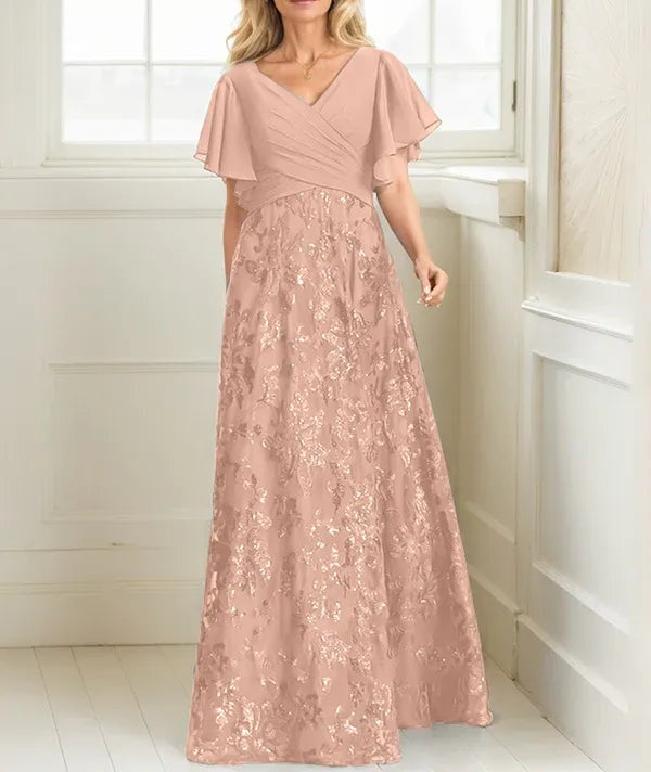 A-line V-Neck Floor-Length Lace Sequin Chiffon Mother of the Bride Dress With Pleated