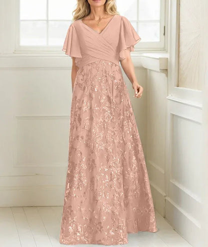 A-line V-Neck Floor-Length Lace Sequin Chiffon Mother of the Bride Dress With Pleated