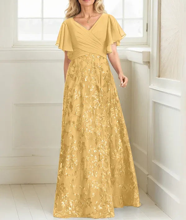 A-line V-Neck Floor-Length Lace Sequin Chiffon Mother of the Bride Dress With Pleated