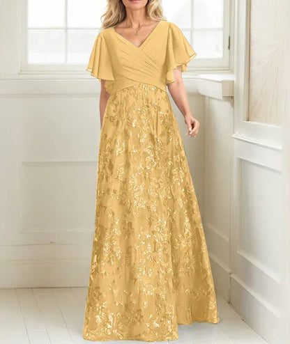 A-line V-Neck Floor-Length Lace Sequin Chiffon Mother of the Bride Dress With Pleated