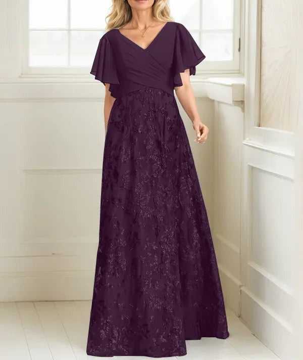 A-line V-Neck Floor-Length Lace Sequin Chiffon Mother of the Bride Dress With Pleated