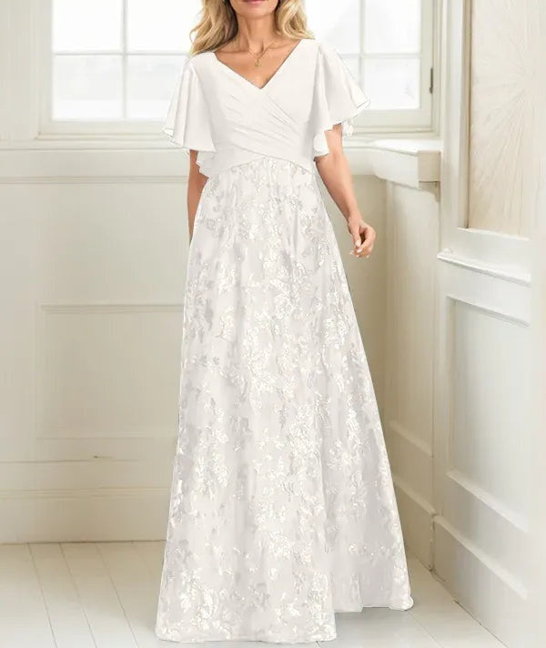 A-line V-Neck Floor-Length Lace Sequin Chiffon Mother of the Bride Dress With Pleated