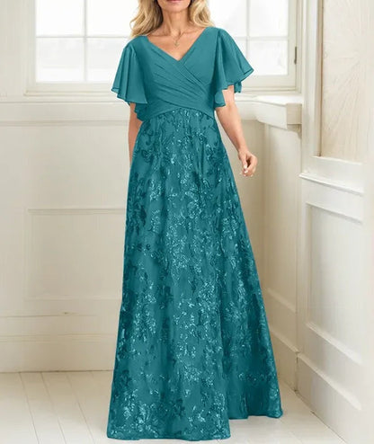 A-line V-Neck Floor-Length Lace Sequin Chiffon Mother of the Bride Dress With Pleated