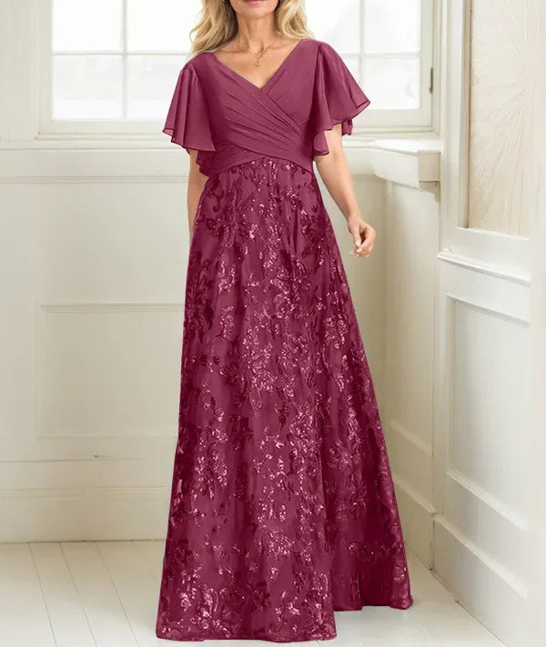 A-line V-Neck Floor-Length Lace Sequin Chiffon Mother of the Bride Dress With Pleated