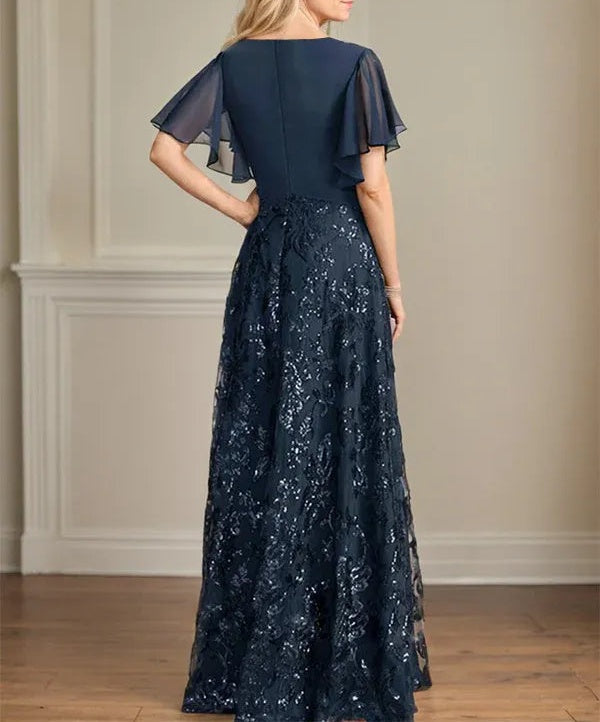 A-line V-Neck Floor-Length Lace Sequin Chiffon Mother of the Bride Dress With Pleated