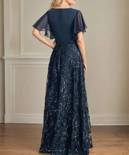 A-line V-Neck Floor-Length Lace Sequin Chiffon Mother of the Bride Dress With Pleated