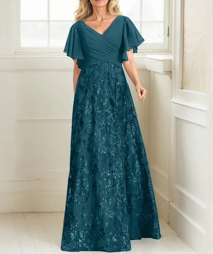 A-line V-Neck Floor-Length Lace Sequin Chiffon Mother of the Bride Dress With Pleated