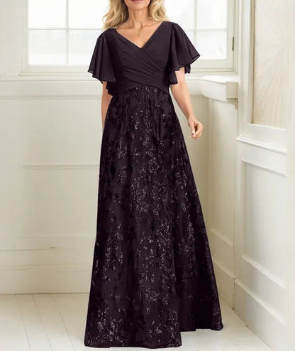 A-line V-Neck Floor-Length Lace Sequin Chiffon Mother of the Bride Dress With Pleated