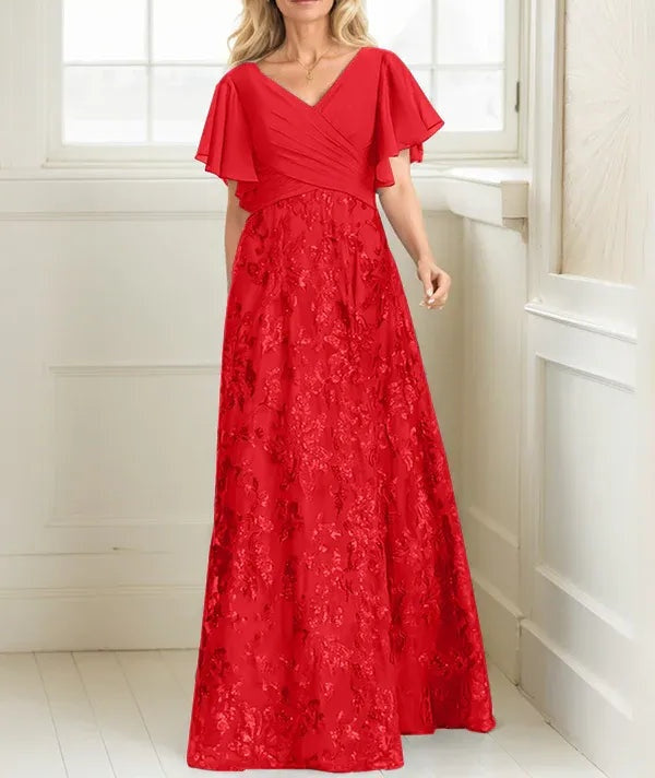 A-line V-Neck Floor-Length Lace Sequin Chiffon Mother of the Bride Dress With Pleated