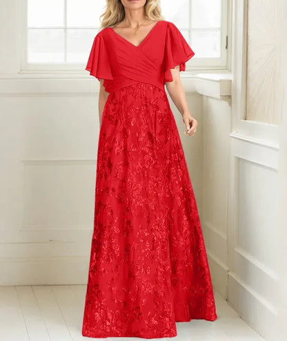 A-line V-Neck Floor-Length Lace Sequin Chiffon Mother of the Bride Dress With Pleated